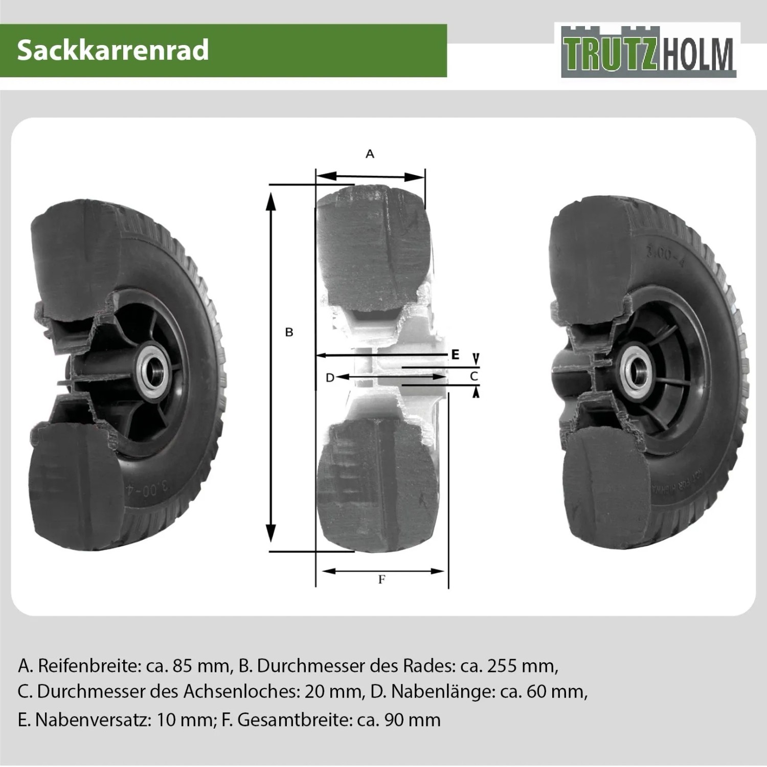 TRUTZHOLM Sackkarrenrad, Luftrad 260x85 mm, orange Kunststofffelge, Nabenlänge 60mm.