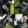Details des Litheli U20 Akku-Rasenmähers: Akku, Fangkorb, Höhenverstellung, Motor.
