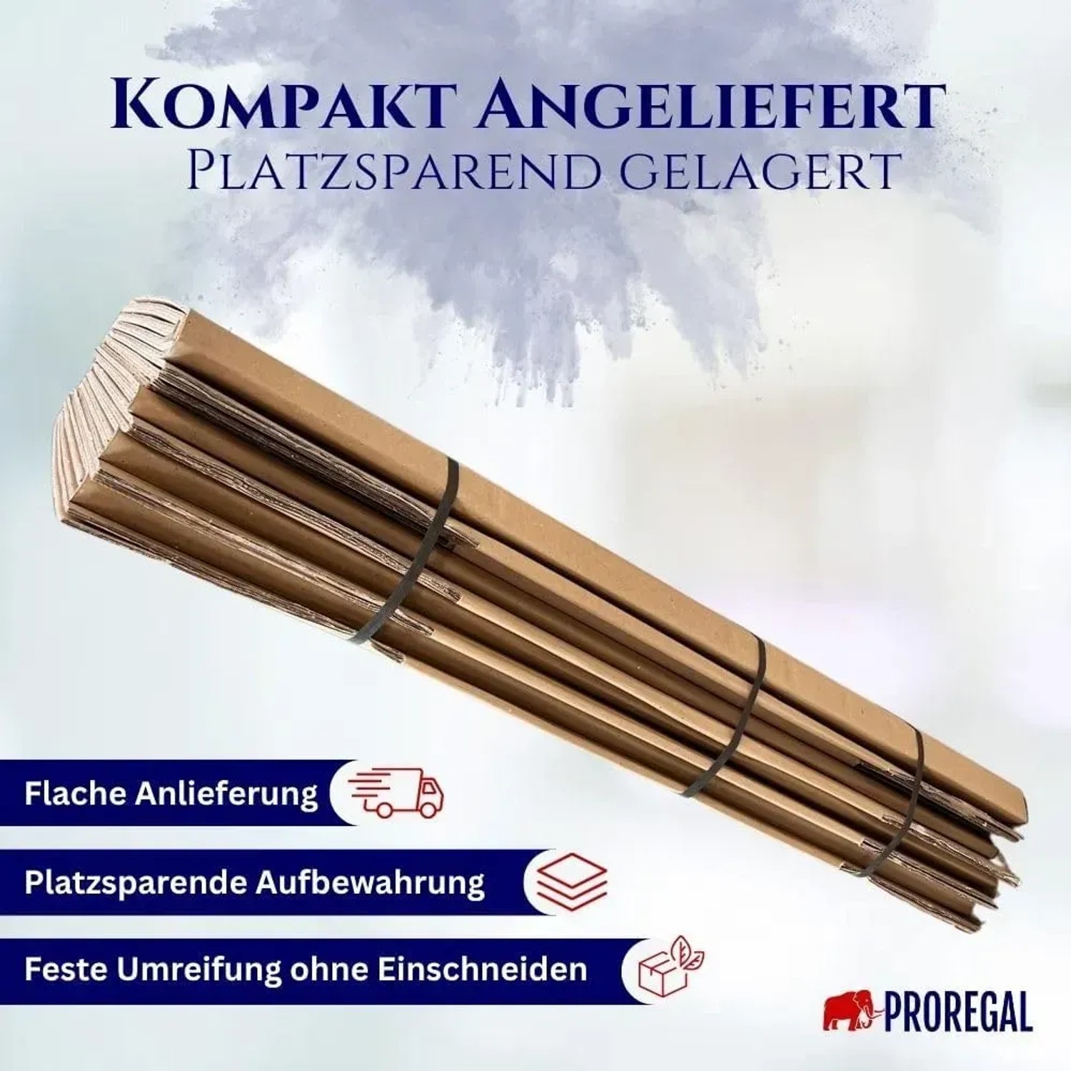Stapel aus braunen, 2-welligen PROREGAL Versandkartons in verschiedenen Größen, teils mit Klebeband.