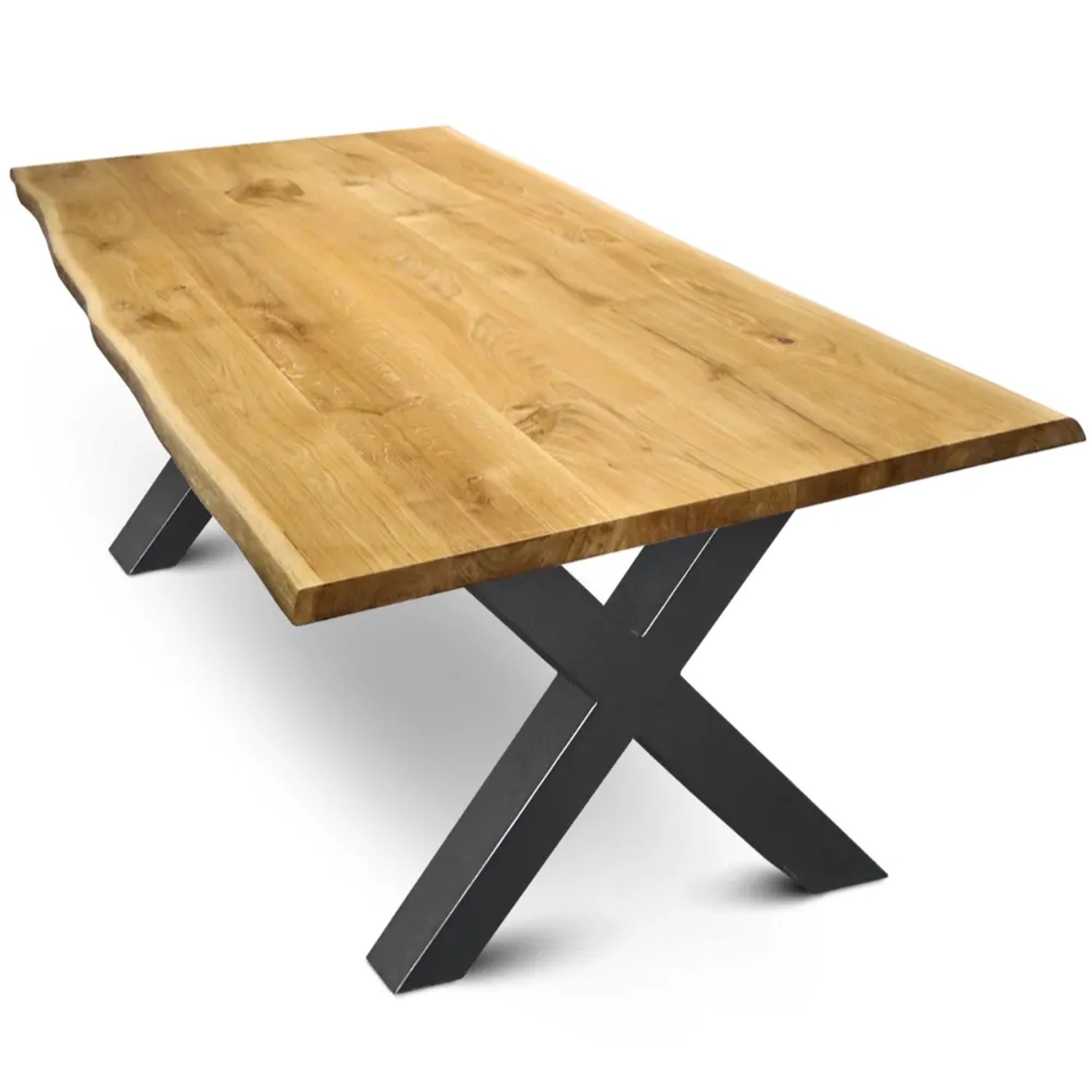 DELUKE Massivholz Wohnzimmertisch mit Baumkante RAGNAR 260x100cm Eichenholz X-Hora Gestell Esstisch Holz Küchentisch Ess...