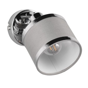 Trio Spot Arosa Chrom, 1-flammig, grauer Stoffschirm. Wandspot für Wohnräume.