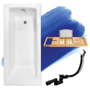 Weiße Rechteck-Badewanne 130x70 cm aus Acryl mit Bambus-Badewannenablage und Ablauf-Set.