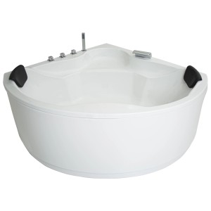 Weiße Basera® Eck-Badewanne Nendo 149x149 cm mit Armatur und Kopfstützen.
