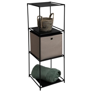 Schwarzes Metallregal mit 4 Ablagen (34x34x98cm) mit Korb, Box und Decke. Wandregal für Aufbewahrung.