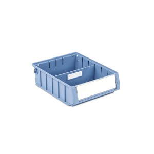 Blauer Regalkasten 4,4L mit Etikett und Schutzhaube, ideal für Kleinteile in Werkstatt und Lager.