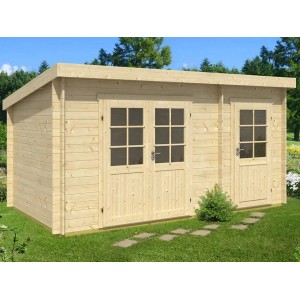 Unbehandeltes Alpholz Gartenhaus Maria-28 aus Holz mit Doppeltür und Einzeltür.