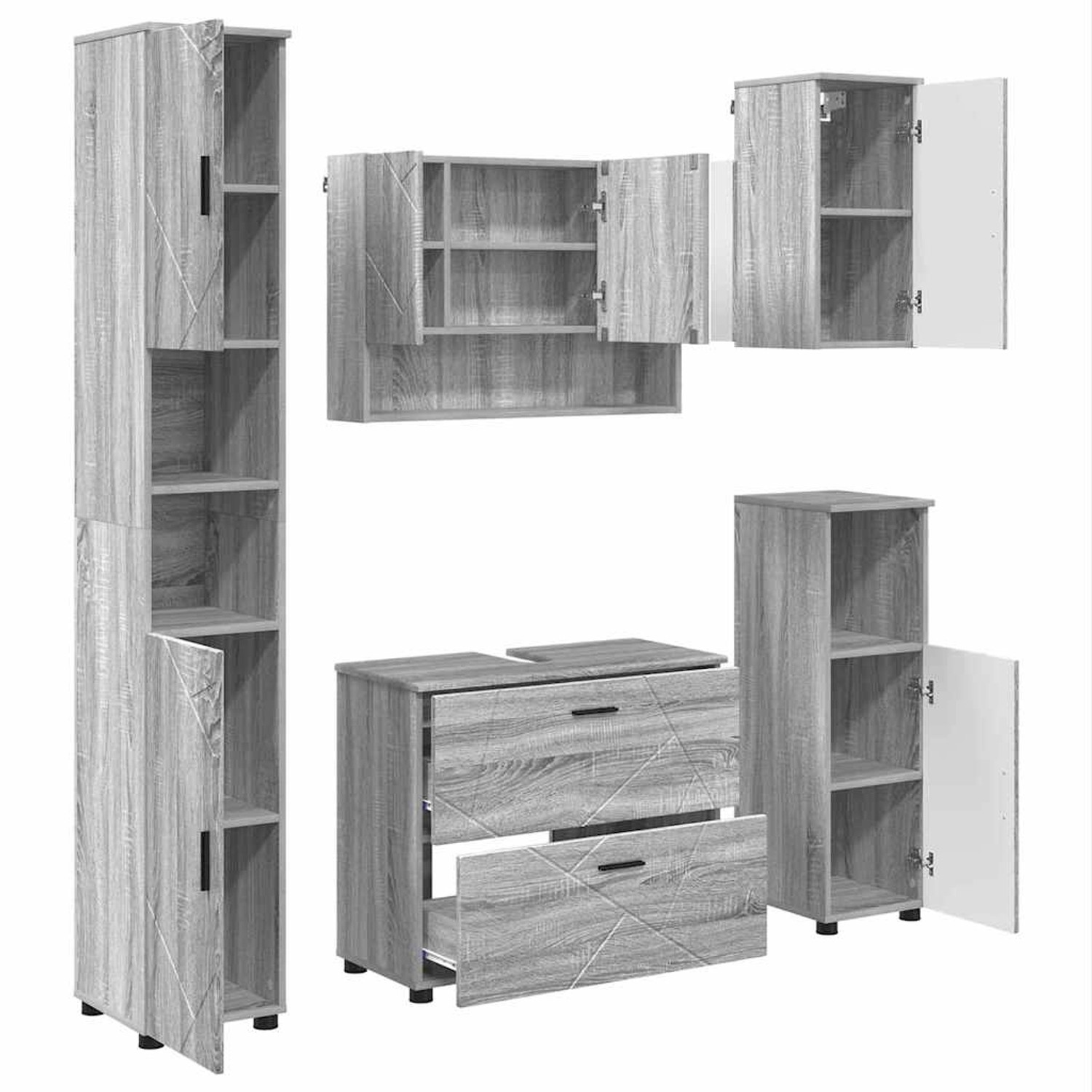 vidaXL Badezimmermöbel-Set 5-Tlg Grau Sonoma Sperrholz und Metall 3393069 günstig online kaufen