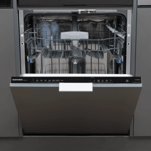 Offener Telefunken Geschirrspüler G-EV-6014-C, vollintegriert, 60 cm breit, mit Edelstahl-Innenraum.