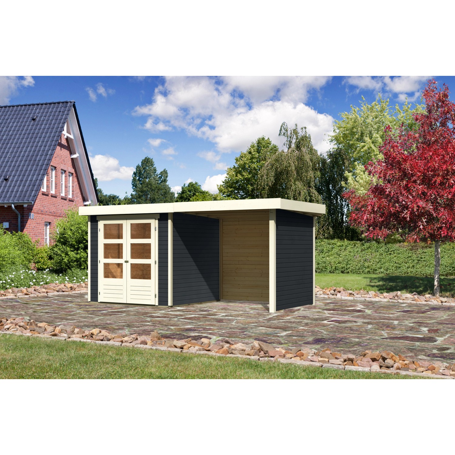 Karibu Gartenhaus/Gerätehaus Boras 2 Anthrazit 433 x 217 cm mit Anbaudach+Seiten- Rückwand