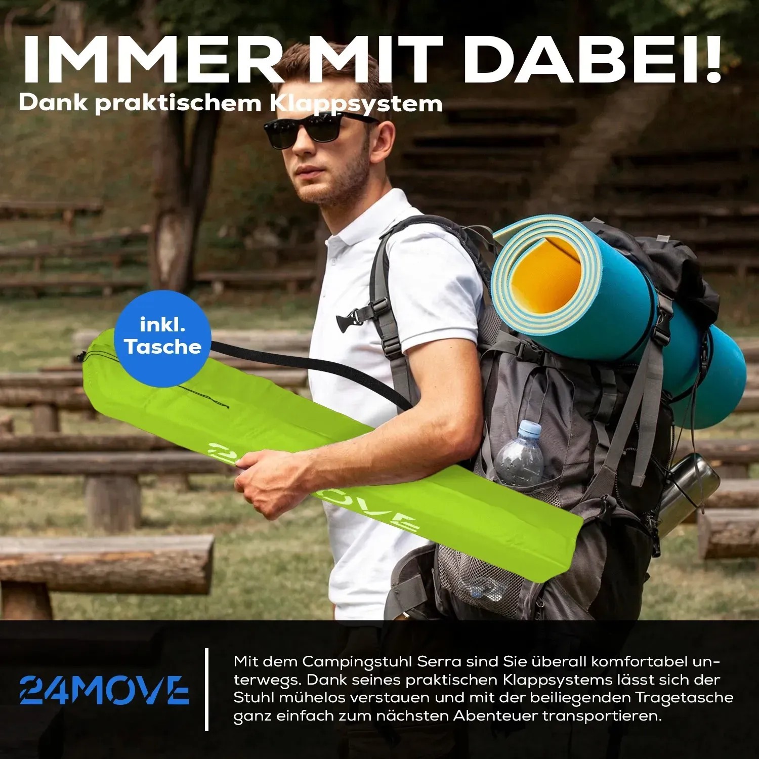 24Move Campingstuhl, hellgrün, mit Tragetasche. Ideal für Outdoor-Aktivitäten.