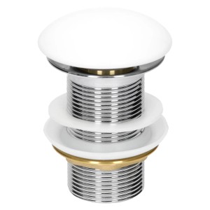 Ablaufgarnitur für ML-Design Waschbecken, Keramik, weiß glänzend, mit Chrom-Elementen.