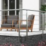 Edelstahl Geländer-Set 150cm zur Wandmontage, mit zwei Sesseln auf einer Terrasse.