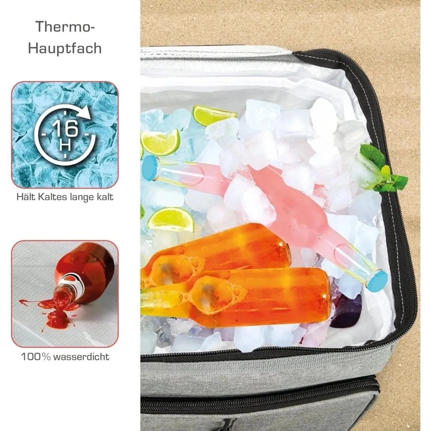 Offene graue Bomoe Kühltasche (45L) mit Eis, Getränken und Zitrone. Ideal für den Transport von kalten Getränken.