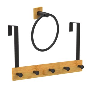 Relaxdays Türgarderobe und Handtuchring Set Bambus Eisen Schwarz Selbstklebend 24 cm x 45 cm x 8,5 cm