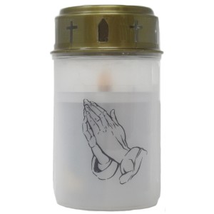 Weißes LED-Grablicht mit betenden Händen und goldenem Deckel, 12 cm hoch.