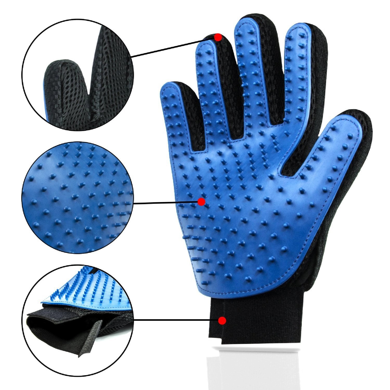 Blauer Fellpflegehandschuh (23x18cm) für Hunde und Katzen mit Klettverschluss.