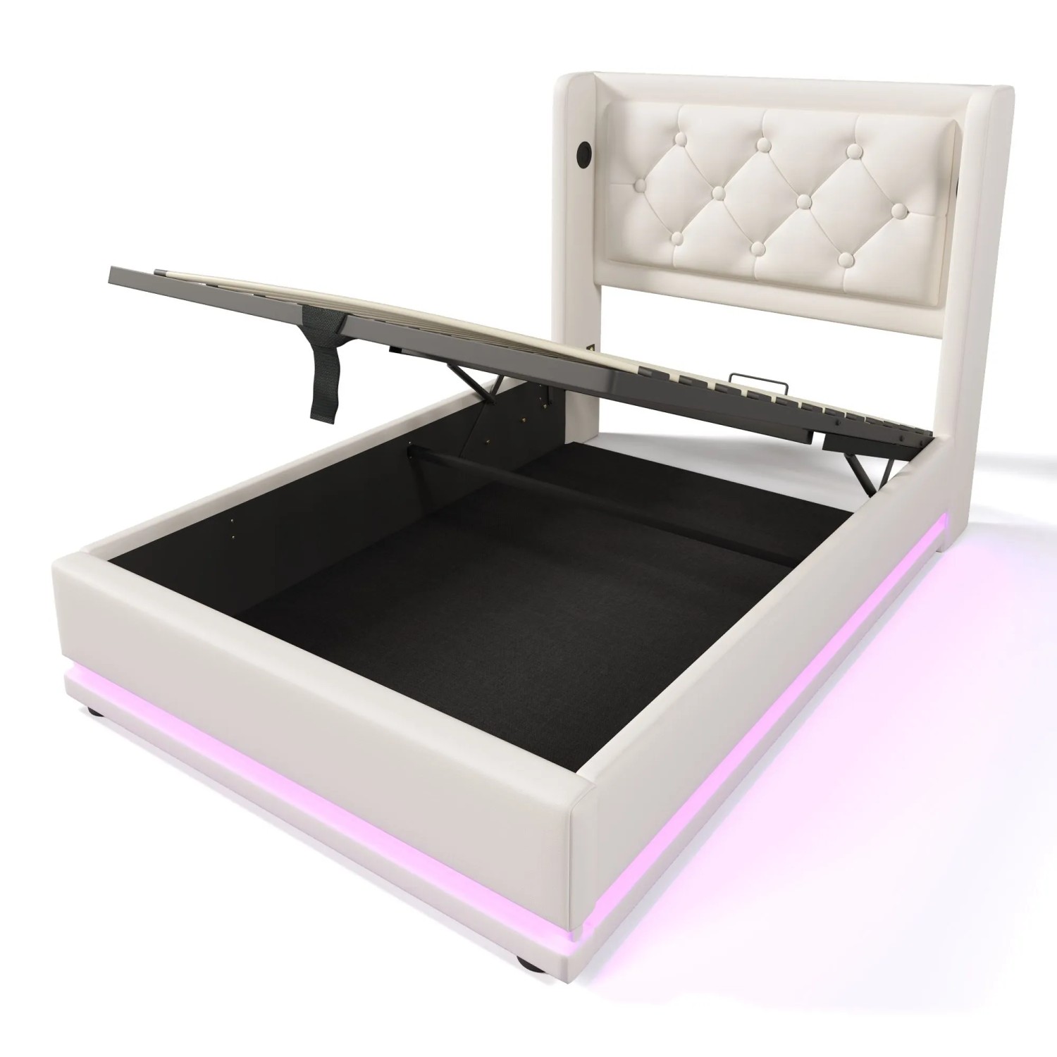 Merax Polsterbett 90x200cm LED USB-C Hydraulisch Weiß