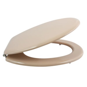 Beiger MSV WC-Sitz Cleo aus MDF mit Edelstahl-Scharnieren, seitliche Ansicht.