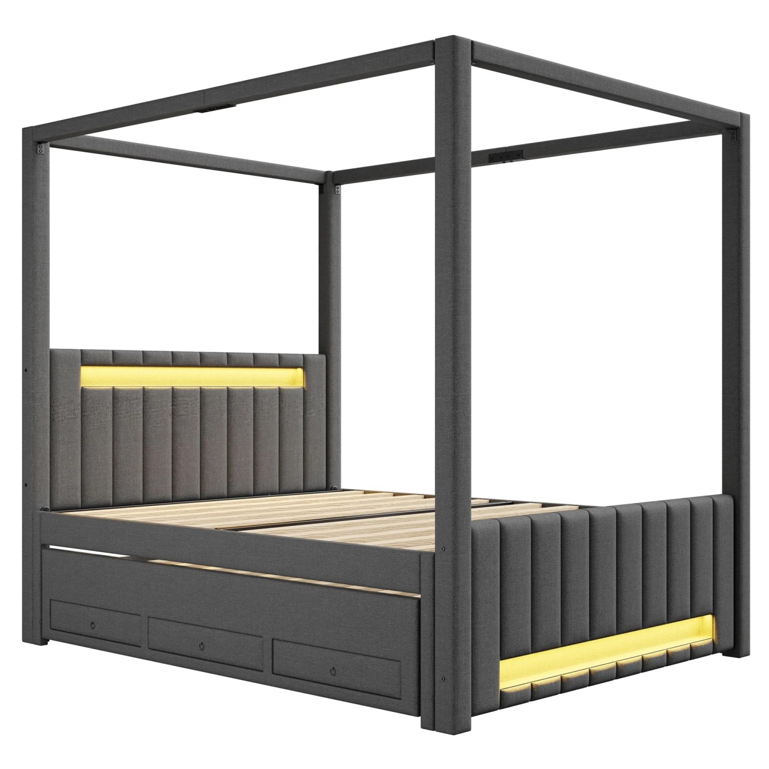 okwish Polsterbett 140x200cm mit Himmelbett Ausziehbett LED Licht Grau ohne Matratze