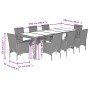 vidaXL 9-tlg. Garten Essgruppe Beige Poly Rattan Glas, Maße dargestellt