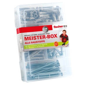 Fischer Meisterbox mit Dübeln, Schrauben und Haken in Sortierbox.
