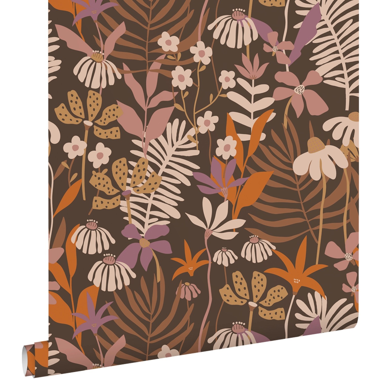 ESTAhome Tapete Tropische Blätter Und Blüten Braun Lila Und Mehrfarbig 50 X günstig online kaufen