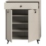 Sandfarbener Schuhschrank (80 cm) mit Fräsungen, zwei Türen, Schublade und schwarzen Metallfüßen.