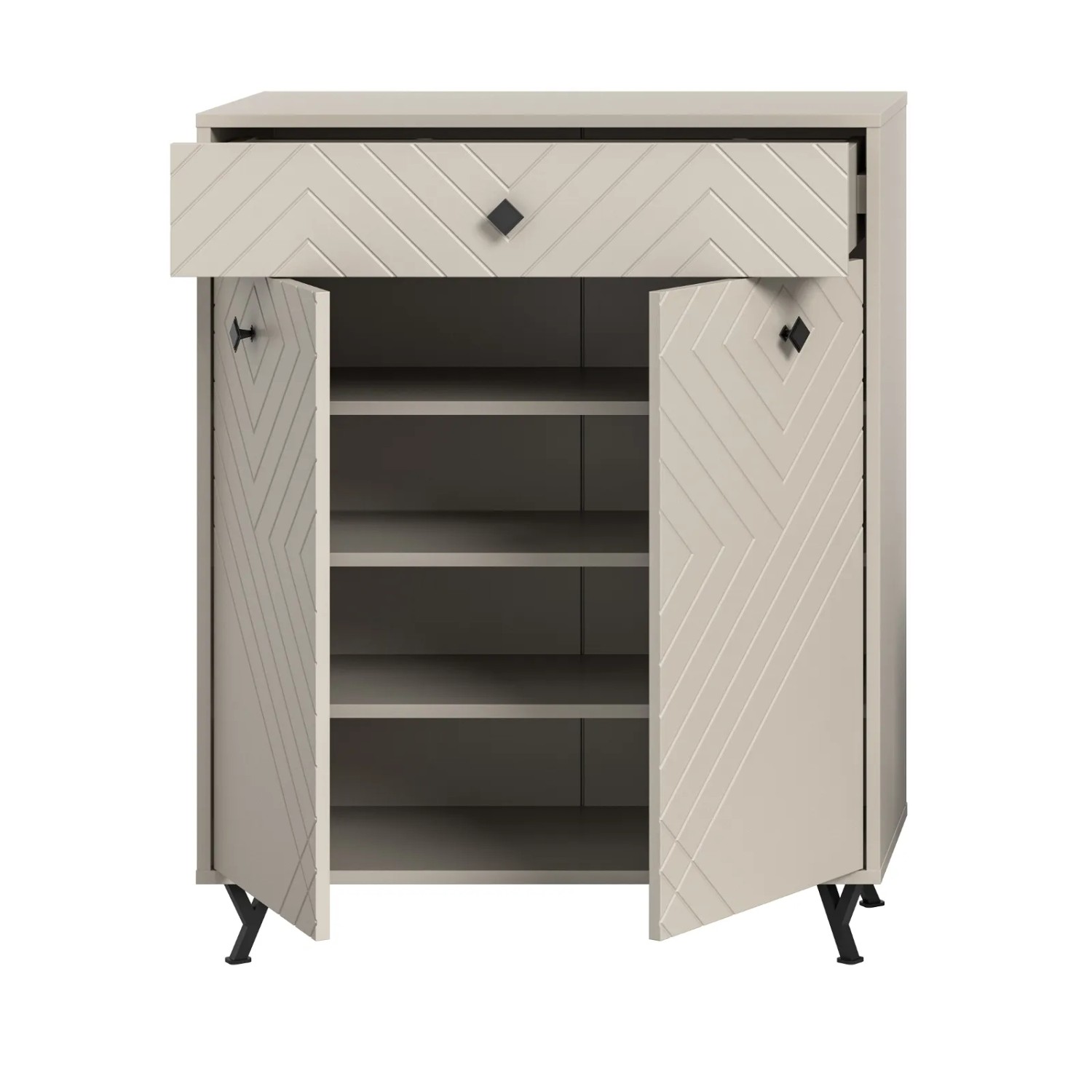 Sandfarbener Schuhschrank (80 cm) mit Fräsungen, zwei Türen, Schublade und schwarzen Metallfüßen.