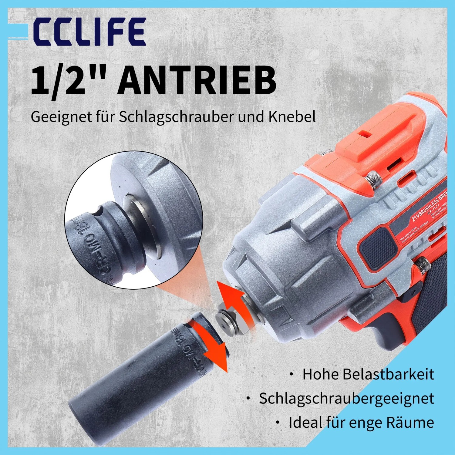 CCLIFE 1/2 Zoll Cr-Mo Schlagschrauber-Nuss wird an einen Schlagschrauber angebracht. Ideal für robuste Schraubarbeiten.