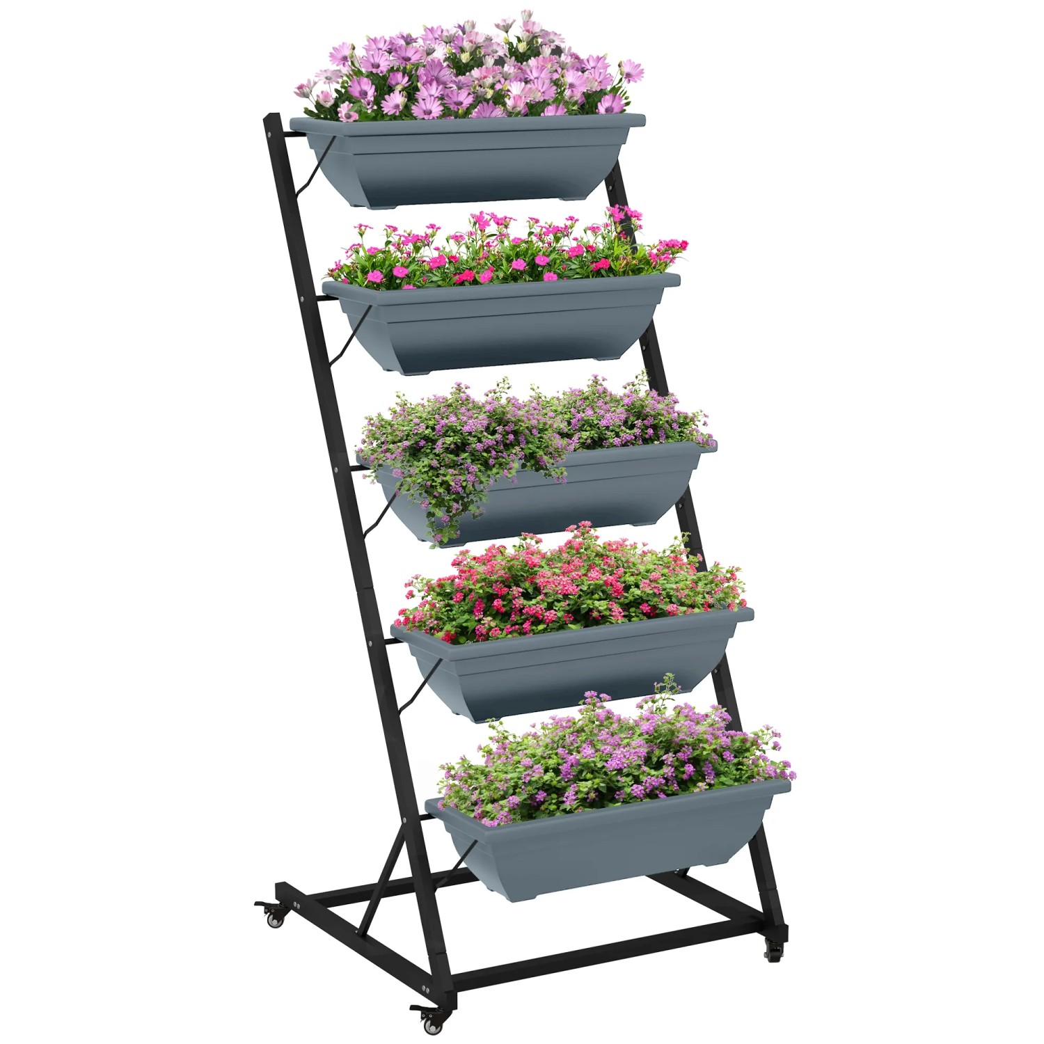 Outsunny Blumenständer  Pflanzenregal mit Rollen Stahl Kunststoff Grau