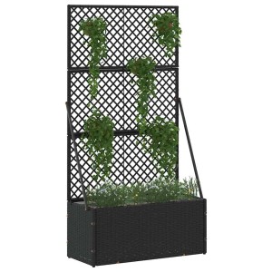 Schwarzer vidaXL Pflanzkübel 70x30x135cm aus Metall mit Rankgitter und Bepflanzung.