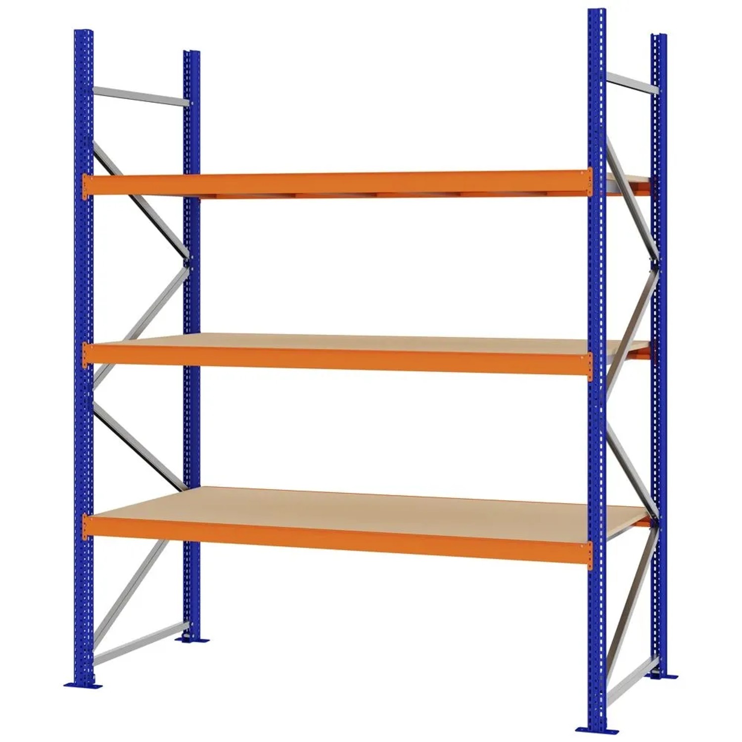 PROREGAL Weitspannregal Schraub-Stecksystem MAGNUS PRO Made In Germany Grundregal 250x200x80cm 3 Ebenen Spanplattenböden Fachlast 600kg Blau/Orange