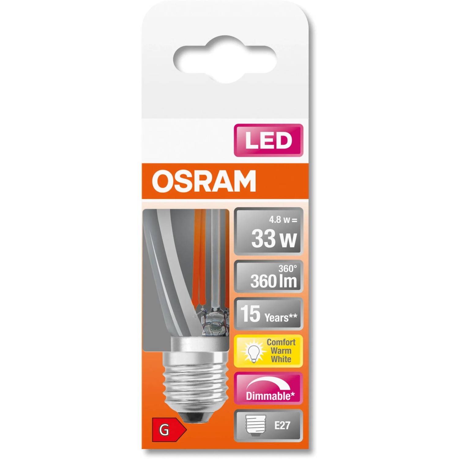 Osram LED-Filament Lampe E27, 4,8W, extrawarm, 360lm. Dimmbares Leuchtmittel für Wohnräume.