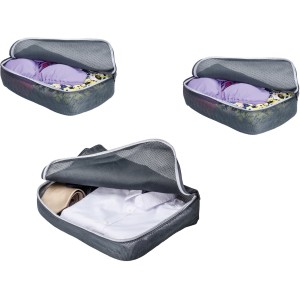 Wenko Reiseorganizer 3er Set, graue Textiltaschen mit Wäschenetz-Funktion für Koffer.