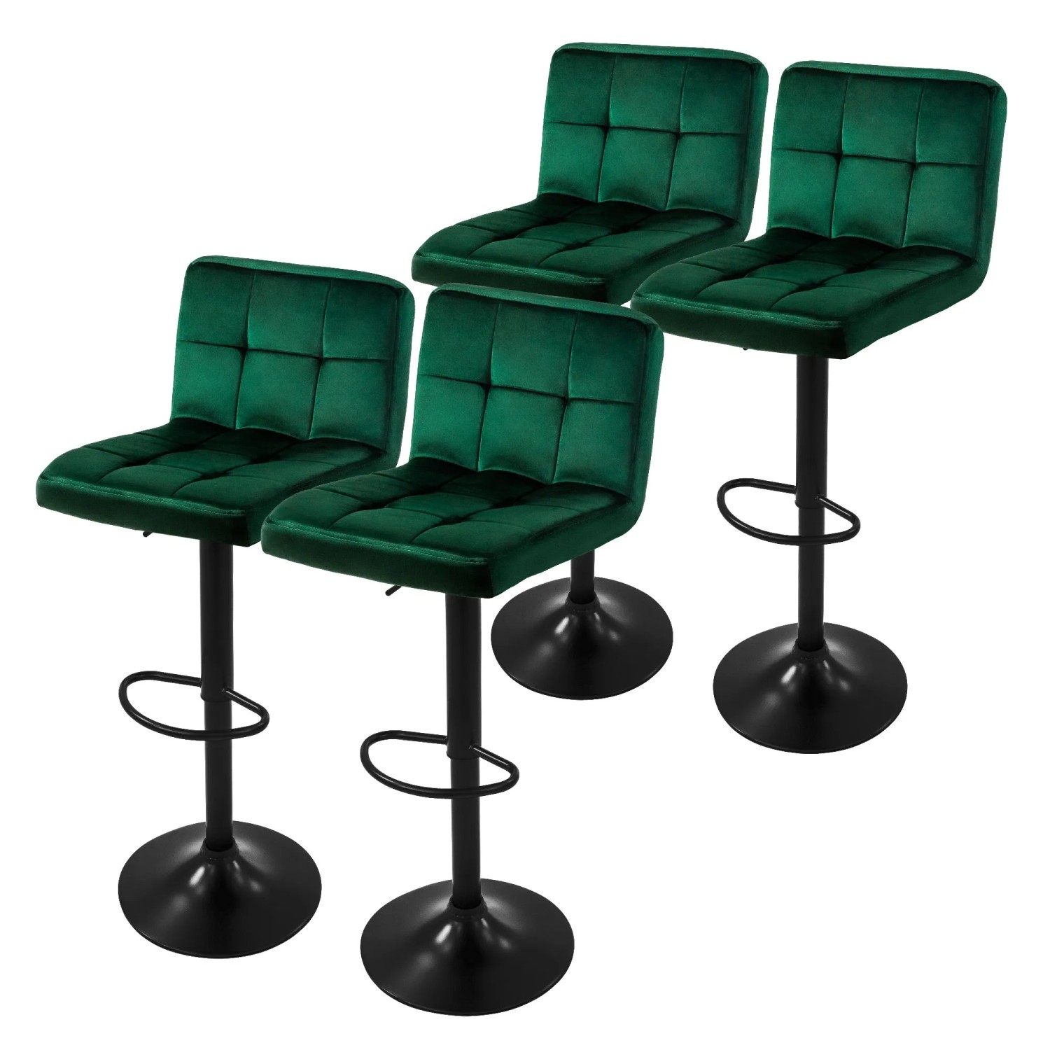 4er Set Barhocker Grün Samt mit Rückenlehne und Fußstütze.