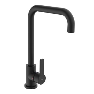 Moderne schwarze Niederdruck Spültischarmatur FUTURA. Einhebelmischer mit eckigem, schwenkbarem Auslauf.