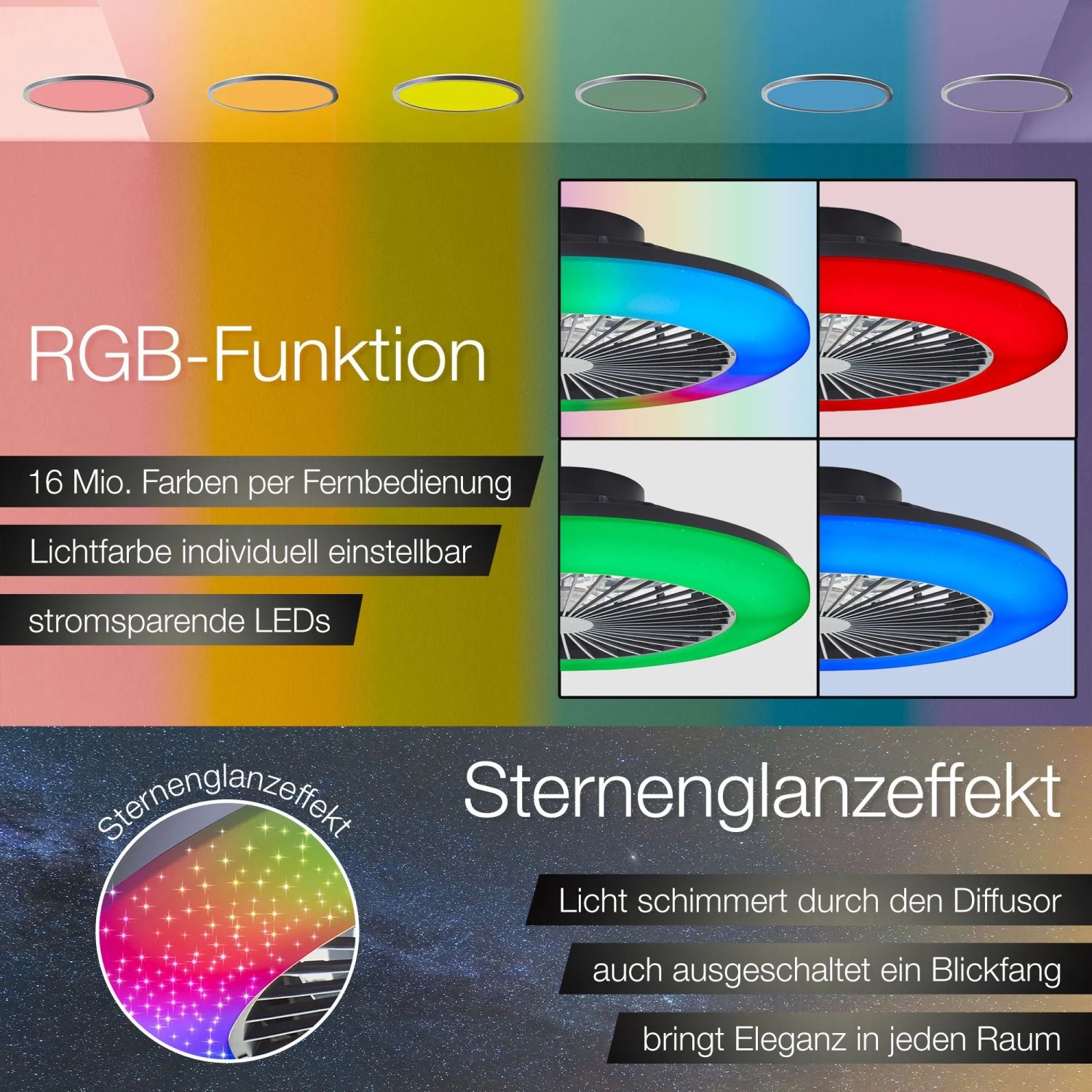 LED-Deckenleuchte Salerno mit Ventilator, verschiedene RGB-Farben und Sternenglanzeffekt.