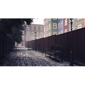 Lackiertes Sichtschutzzaunelement Oxford Pinie, 180x180cm, entlang eines gepflasterten Weges.