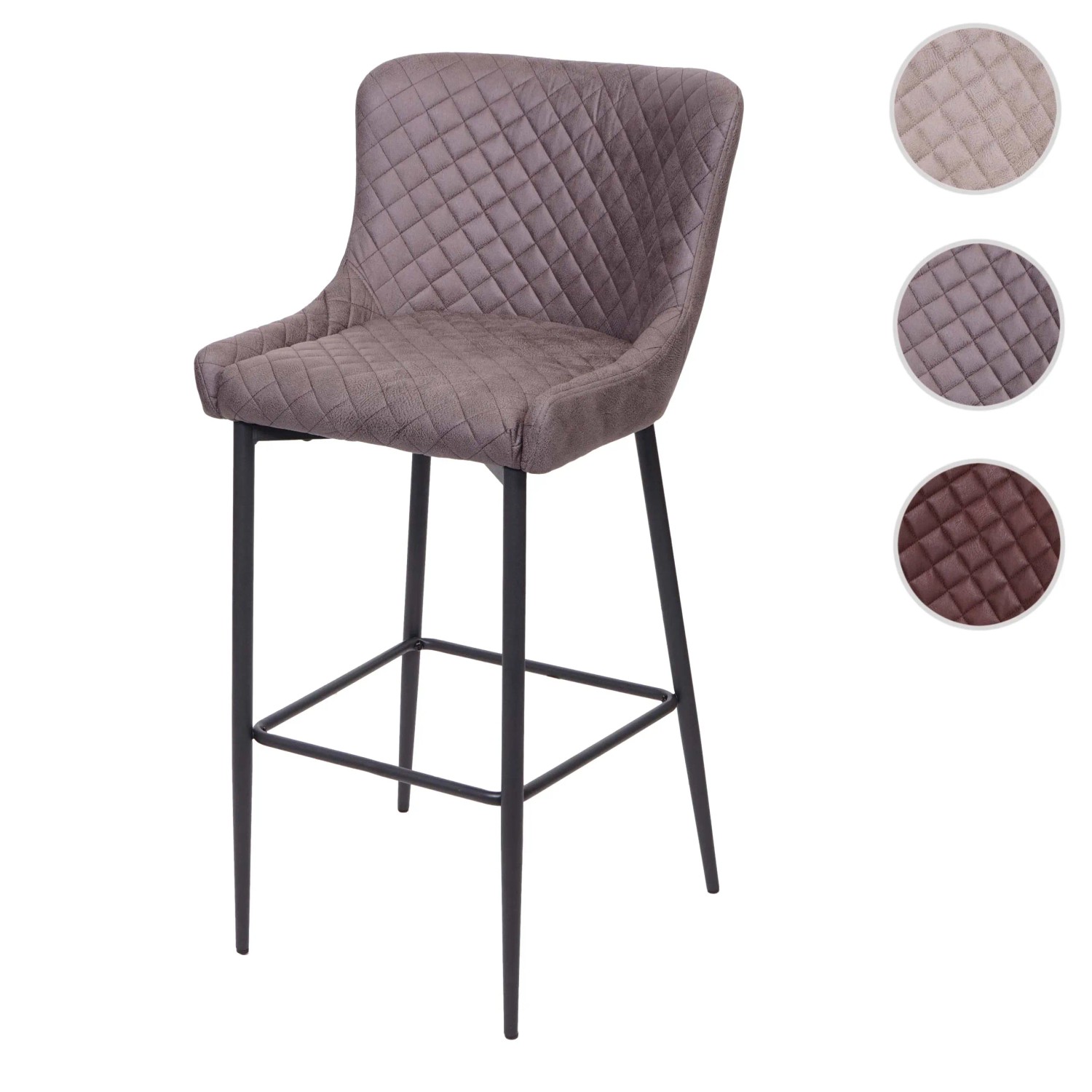 Dunkelgrauer Barhocker mit Lehne, 75 cm Sitzhöhe, Metallfußablage, Stoffbezug mit Rautenmuster.