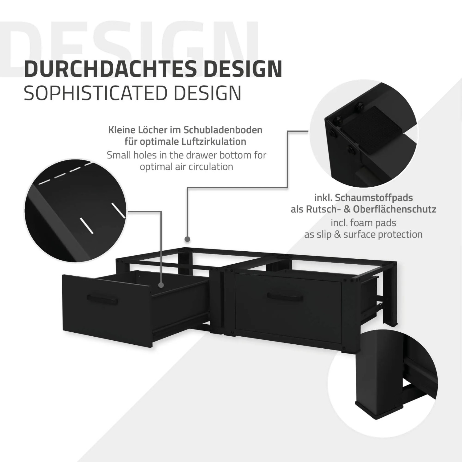 ML-Design Waschmaschinen Untergestell Doppel, schwarz, mit Schubladen für Waschmaschine und Trockner.