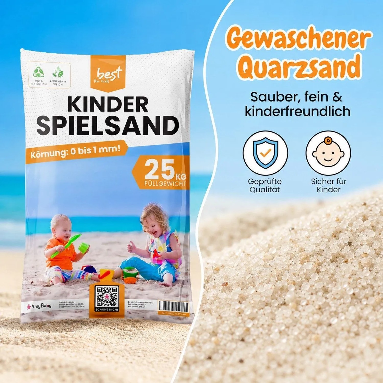 best for kids Spielsand 25 kg im Sack, gewaschener Quarzsand 0-1mm für Sandkasten. Sauber, fein & sicher für Kinder.