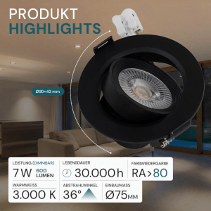 Schwenkbarer, schwarzer LED Einbauspot, 7W, 3000K Warmweiß, für flexible Lichtakzente im Raum.