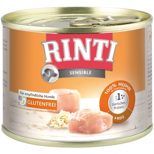 Rinti Sensible Hunde-Nassfutter mit Huhn und Reis, glutenfrei für sensible Hunde.