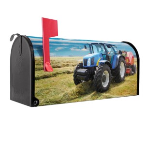 Schwarzer Banjado US Briefkasten mit Traktor Motiv, Stahl pulverbeschichtet.