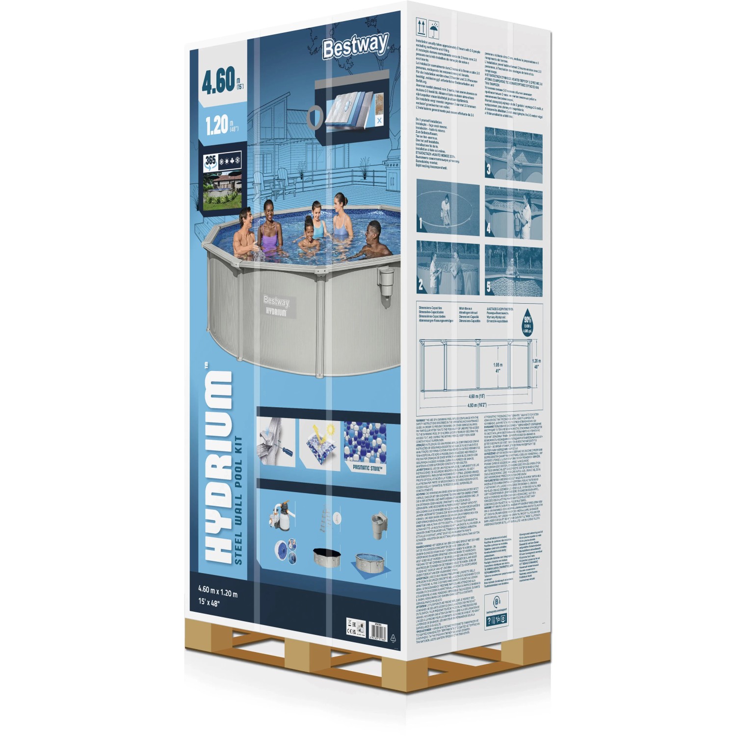 Verpackung des Bestway Hydrium Stahlwandpool Komplett-Sets Ø 460x120 cm in Grau mit Zubehör.