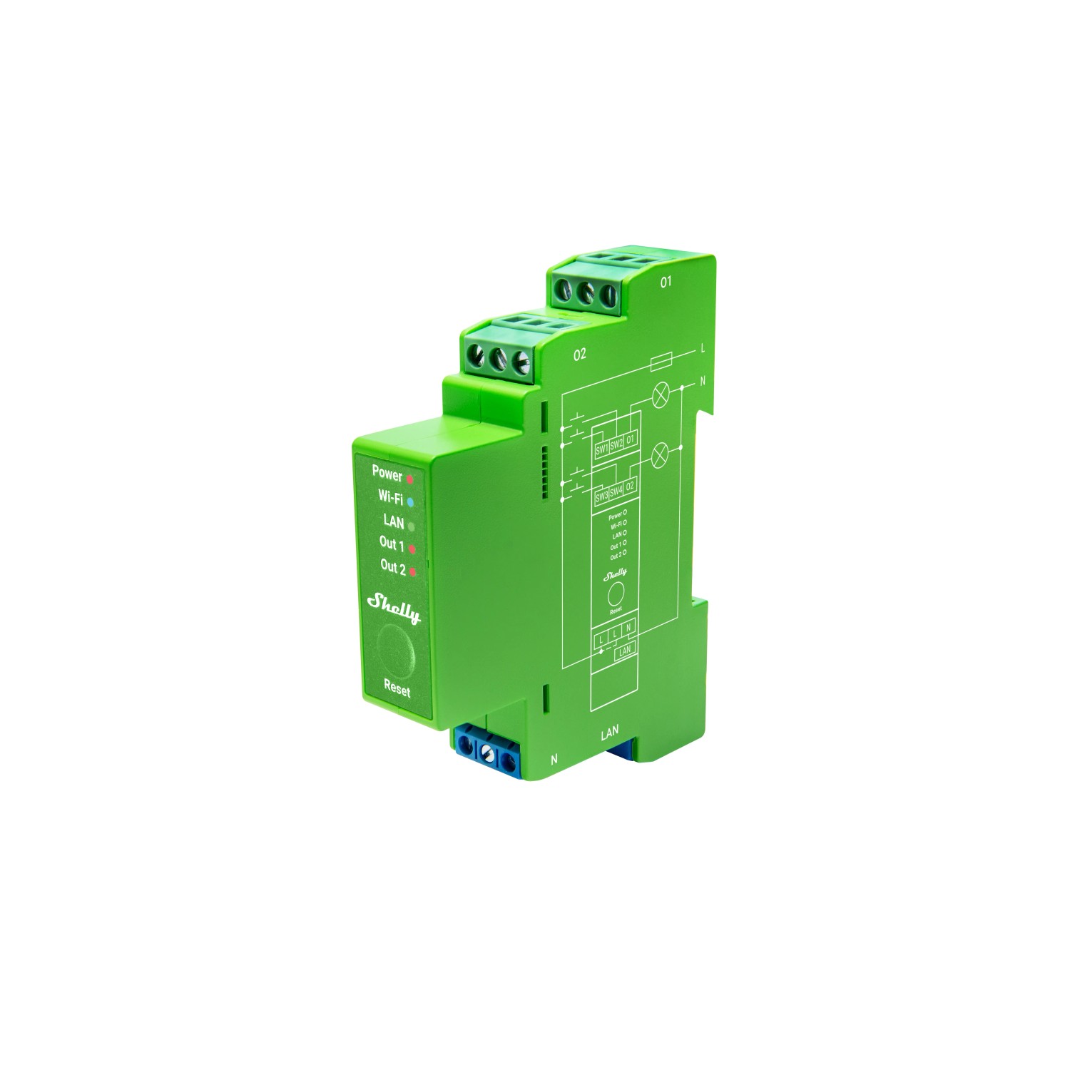 Grüner Shelly Zweikanal-Dimmer Pro 2PM für Hausautomation mit LAN, WLAN & Bluetooth.