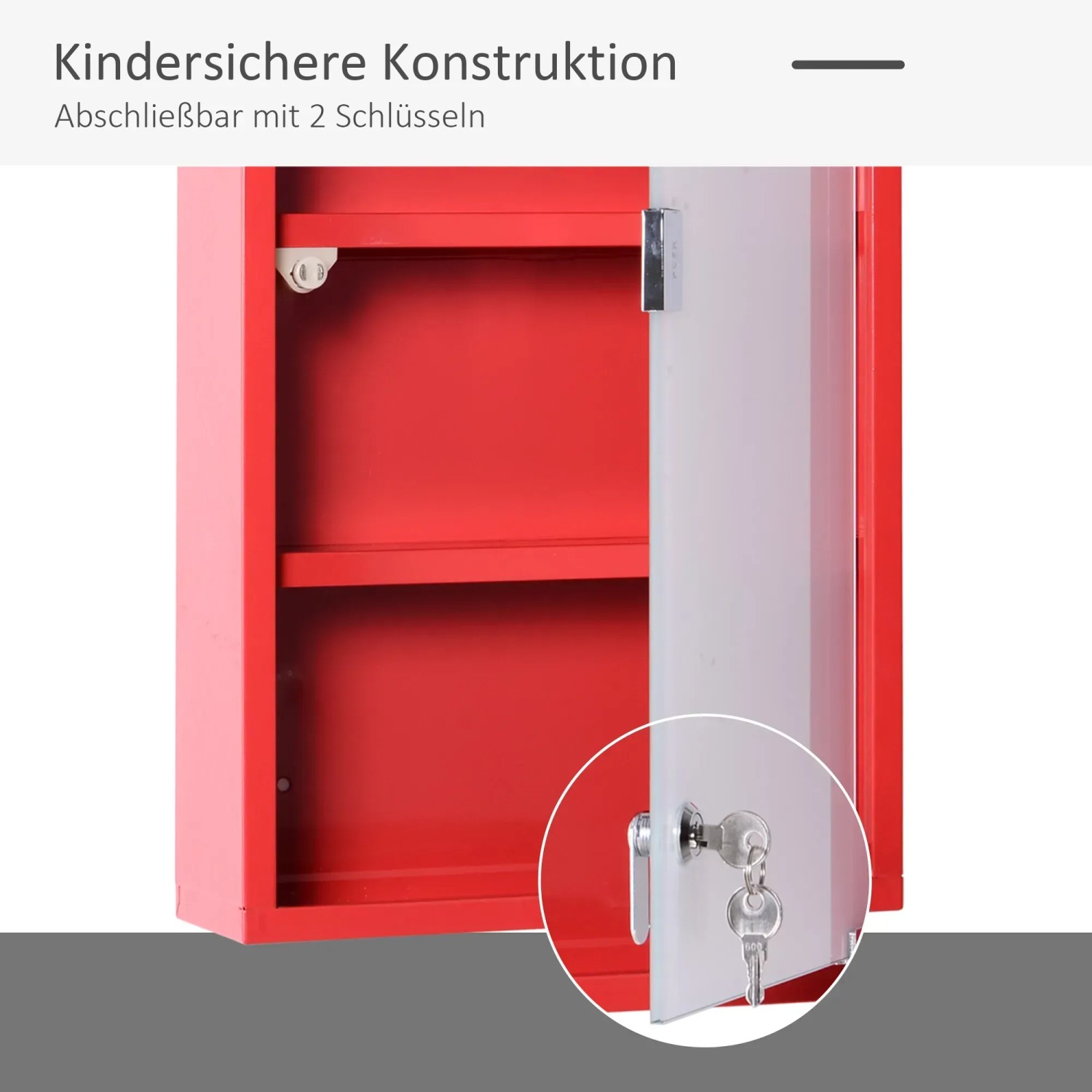 Roter HOMCOM Medizinschrank aus Stahl mit 3 Ebenen und abschließbarer Mattglastür.
