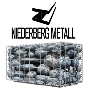 Niederberg Metall Gabione, 100x50x50 cm, Maschenweite 10x10 cm, gefüllt mit grauen Steinen.