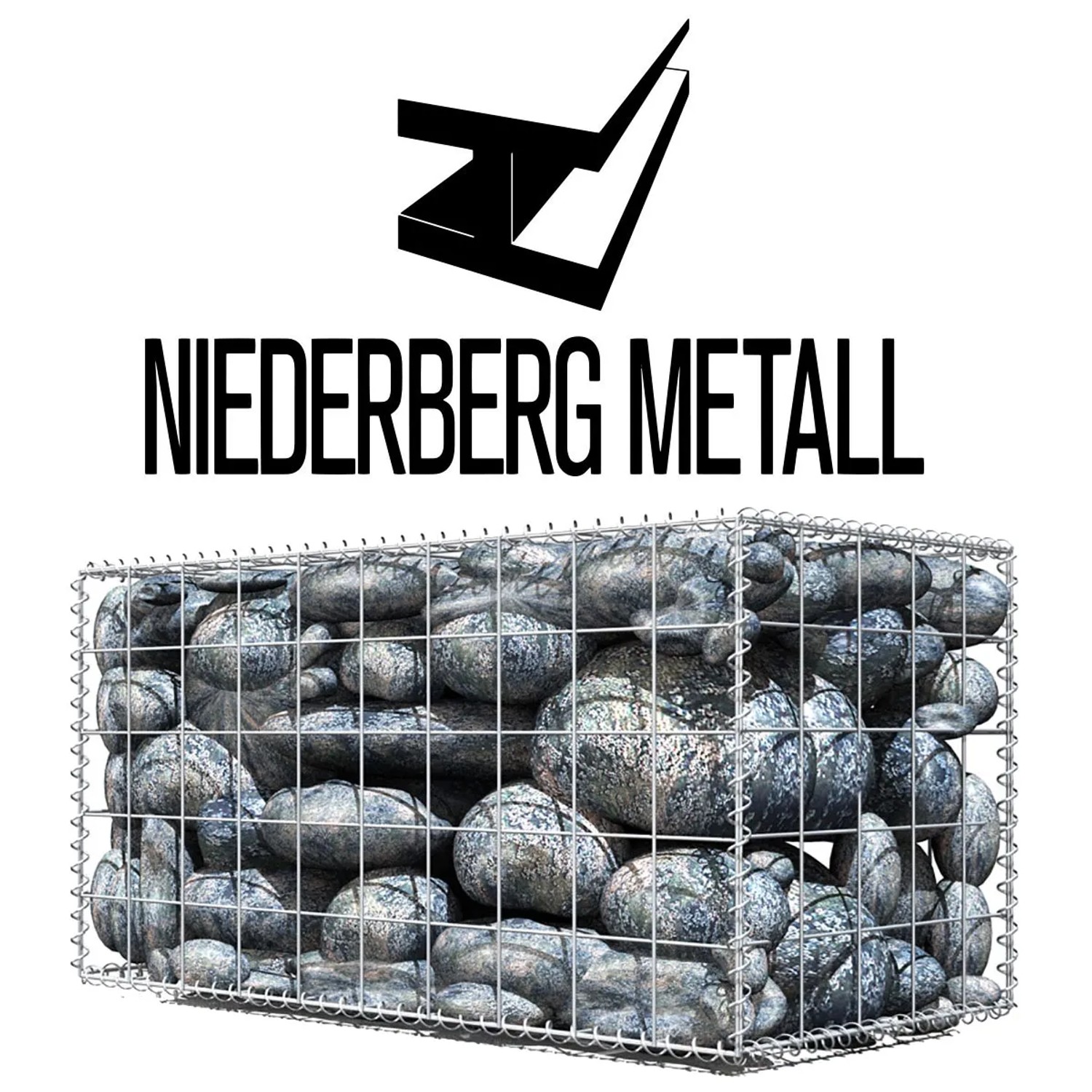 Niederberg Metall Gabione, 100x50x50 cm, Maschenweite 10x10 cm, gefüllt mit grauen Steinen.