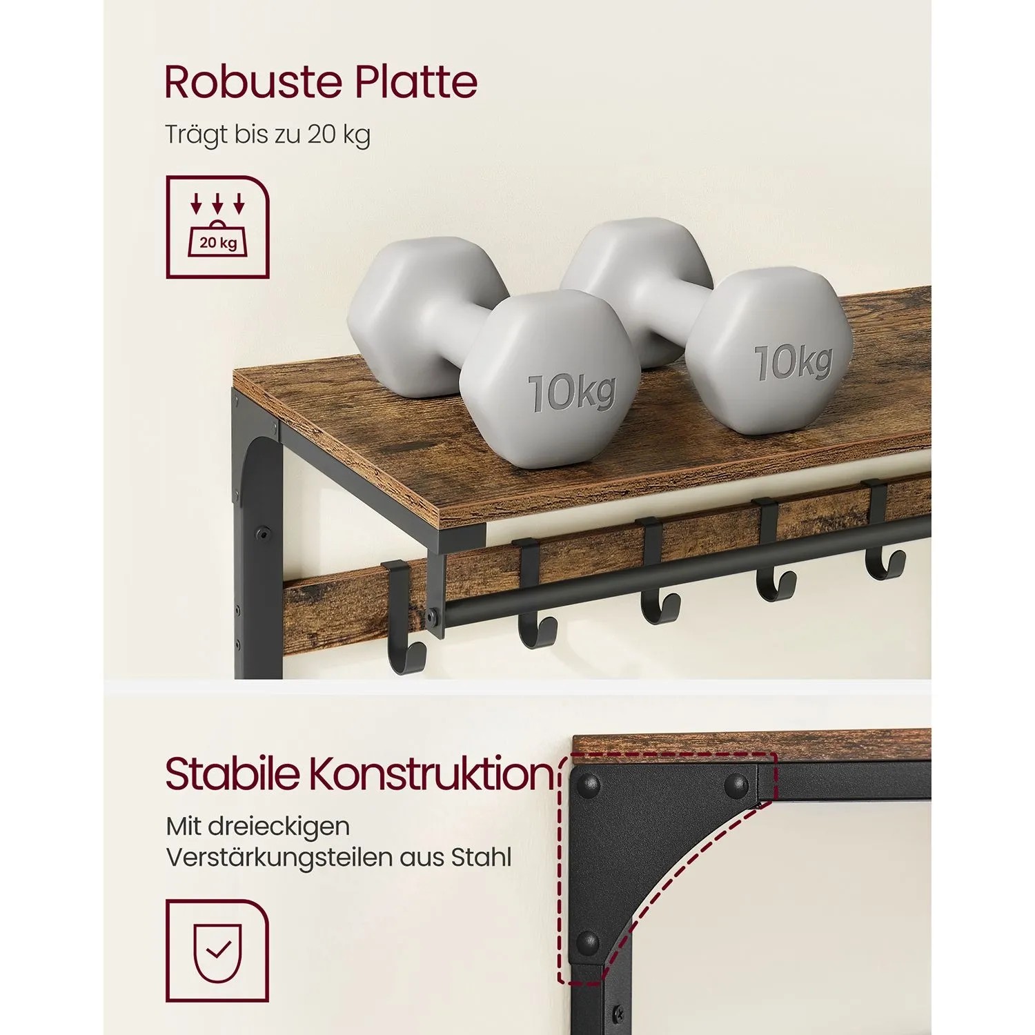 Vasagle Wandgarderobe mit Ablage in Braun-Schwarz, mit Haken und Gewichten auf der Ablage.